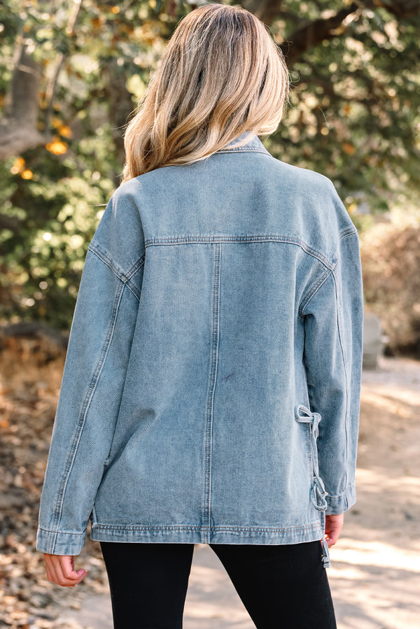 Multi Patched Pockets Side Tie up Boyfriend Style Denim Jacket - KaleaBoutique.com