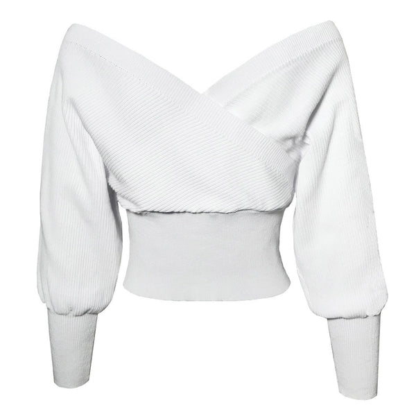 Women's Off-Shoulder Cross-Front Ribbed Pullover Sweater - KaleaBoutique.com