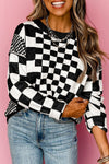 KaleaBoutique Checkered Print Drop Shoulder Round Neck Sweater - KaleaBoutique.com