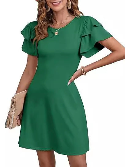 Women's Round-Neck Layered Flutter-Sleeve A-Line Dress - KaleaBoutique.com