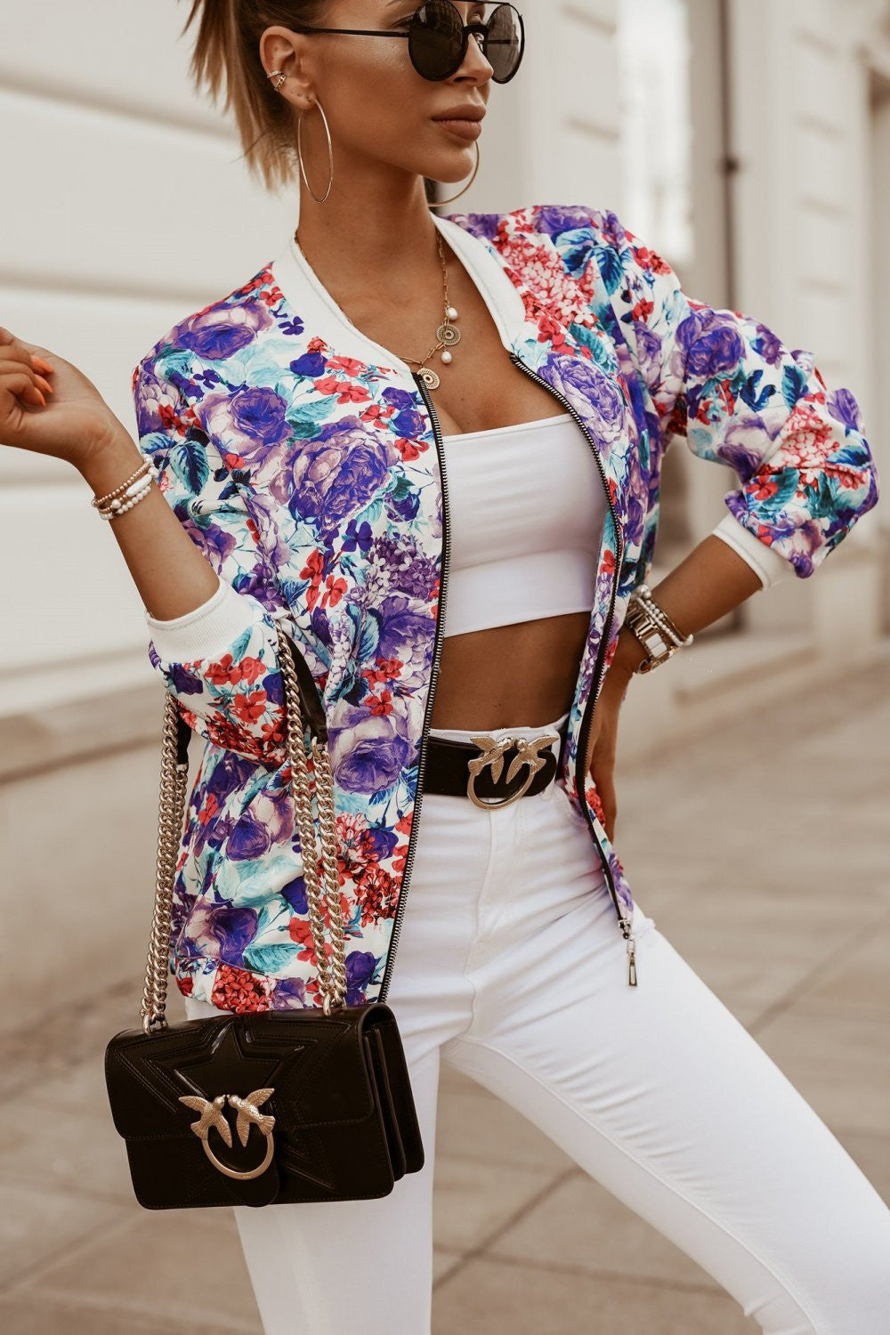 Women's Floral Print Zip-Front Long-Sleeve Jacket - KaleaBoutique.com
