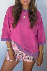 KaleaBoutique Stylish Mineral Wash Color Block Trim Bracelet Sleeve Pullover Top - KaleaBoutique.com