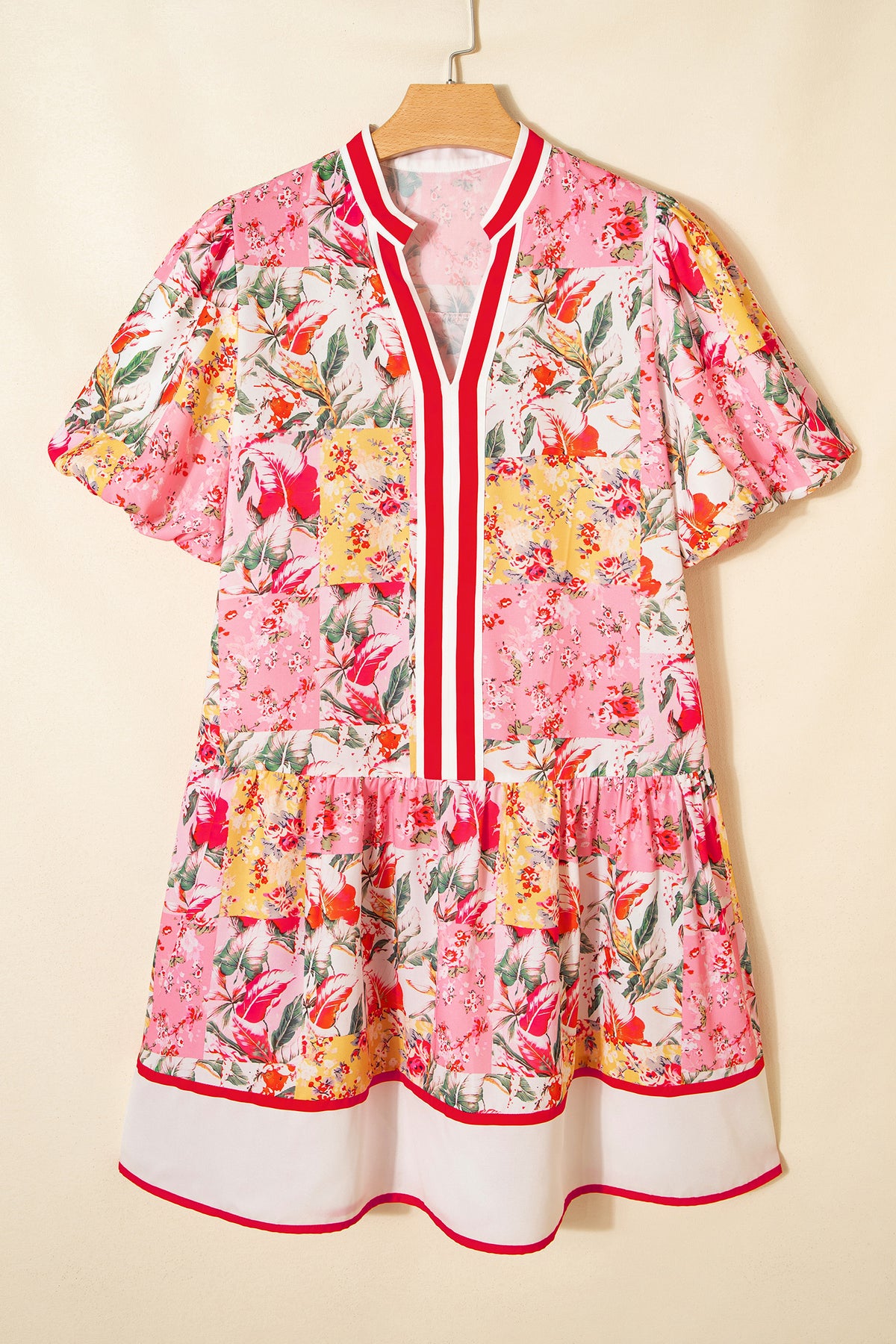 KaleaBoutique Stylish Color Block Floral Print Contrast Trim V Neck Ruffle Hem Mini Dress - KaleaBoutique.com