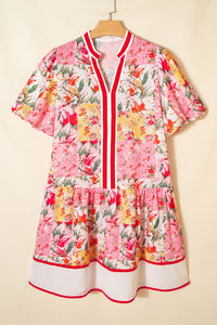 KaleaBoutique Stylish Color Block Floral Print Contrast Trim V Neck Ruffle Hem Mini Dress - KaleaBoutique.com
