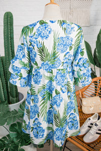 KaleaBoutique Comfortable Palm Floral Print Contrast Ribbon Knot Ruffle Tiered Sleeve Mini Dress - KaleaBoutique.com