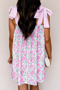 KaleaBoutique Stylish Floral Print Striped Patchwork Bow Knot Straps Mini Dress - KaleaBoutique.com