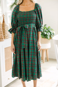 Tartan Plaid Square Neck Puff Sleeve Knot Waist Flared Midi Dress - KaleaBoutique.com