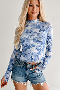 KaleaBoutique Stylish Floral Print Long Sleeve Stand Neck Mesh Top - KaleaBoutique.com
