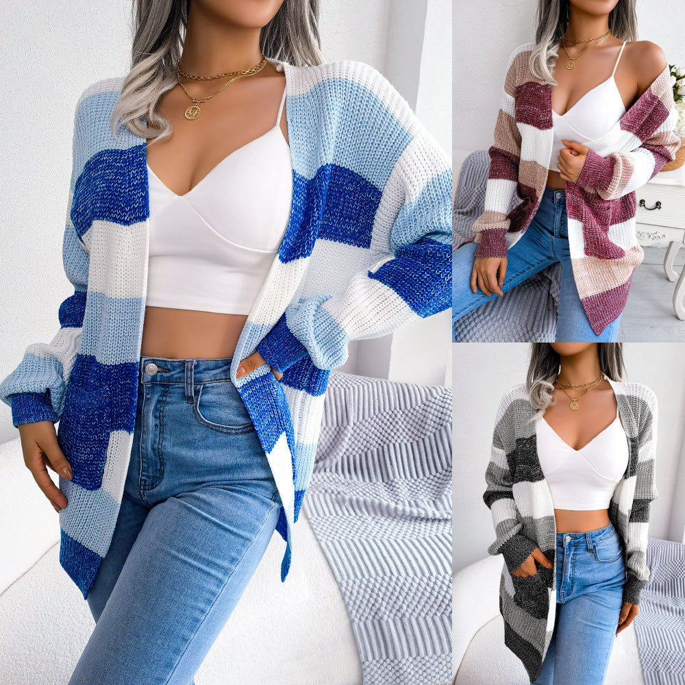 Women's Colorblock Stripe Open-Front Balloon-Sleeve Cardigan - KaleaBoutique.com