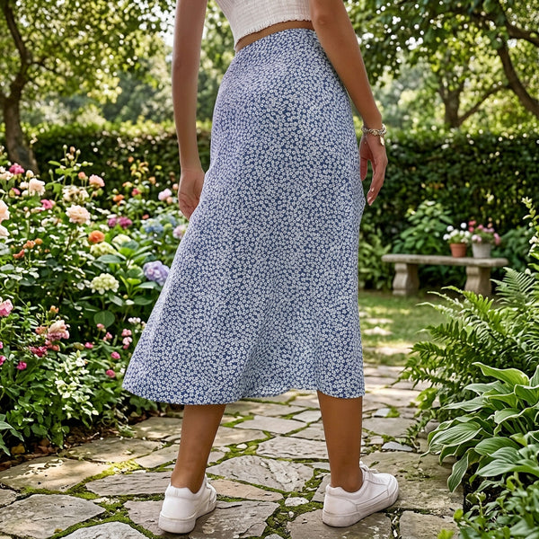 Women's Floral Print Side-Slit Wrap Style Midi Skirt