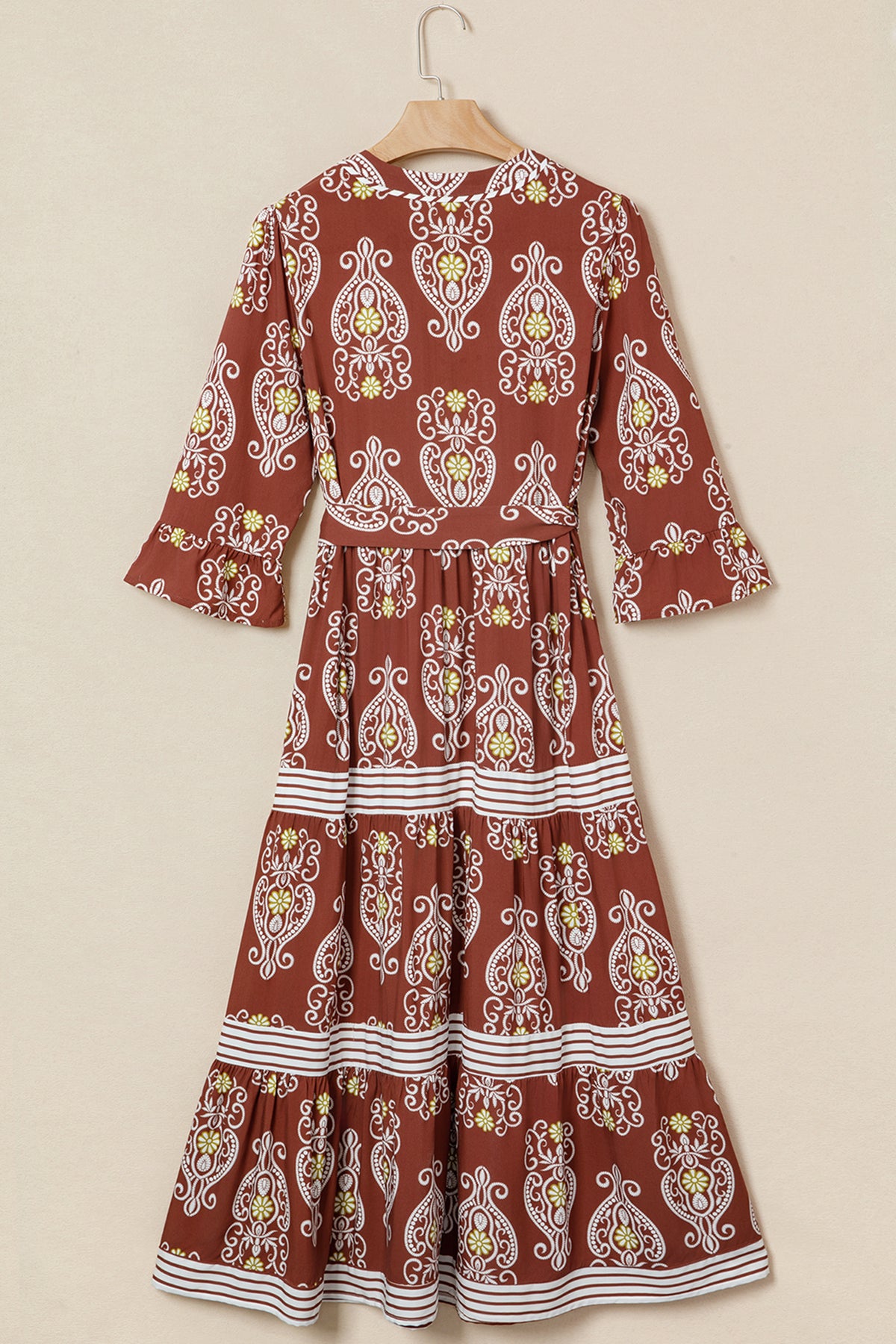 Floral Print Belted Striped Trim Tiered Maxi Dress - KaleaBoutique.com