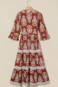 Floral Print Belted Striped Trim Tiered Maxi Dress - KaleaBoutique.com