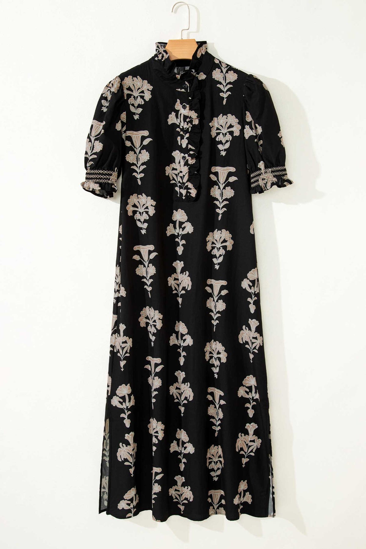 KaleaBoutique Comfortable Floral Print Frilled Collar Short Puff Sleeve Maxi Dress - KaleaBoutique.com