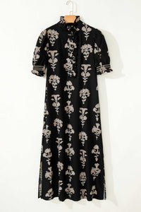 KaleaBoutique Comfortable Floral Print Frilled Collar Short Puff Sleeve Maxi Dress - KaleaBoutique.com