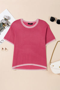 KaleaBoutique Comfortable Contrast Striped Trim Round Neck Half Sleeve Sweater - KaleaBoutique.com
