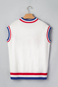 KaleaBoutique Stylish USA Contrast Striped Trim Round Neck Short Sleeve Sweater - KaleaBoutique.com