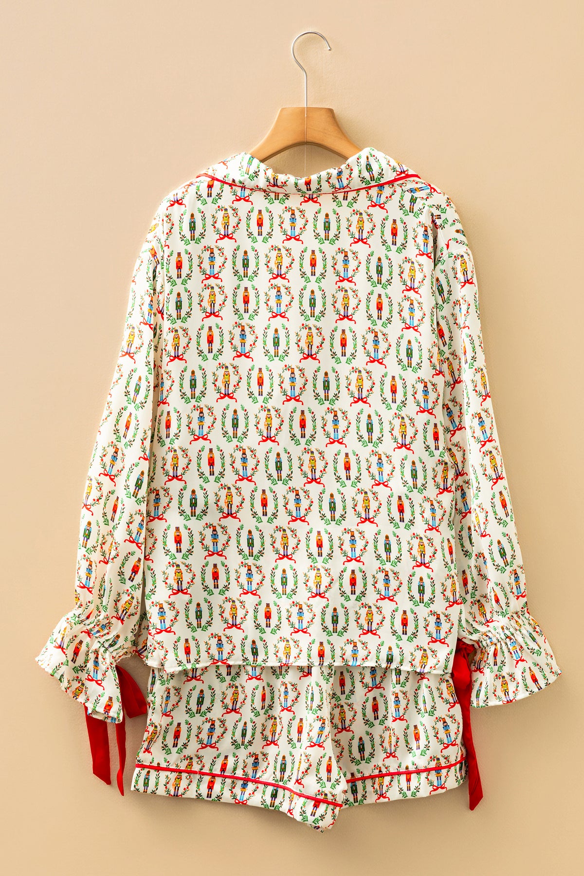 KaleaBoutique Stylish Nutcracker Print Contrast Trim Tied up Bow Silky 2pcs Pajama Set - KaleaBoutique.com