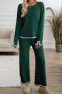 KaleaBoutique Stylish Contrast Trim Split Cuffs Long 2pcs Sweater Outfit Loungewear - KaleaBoutique.com