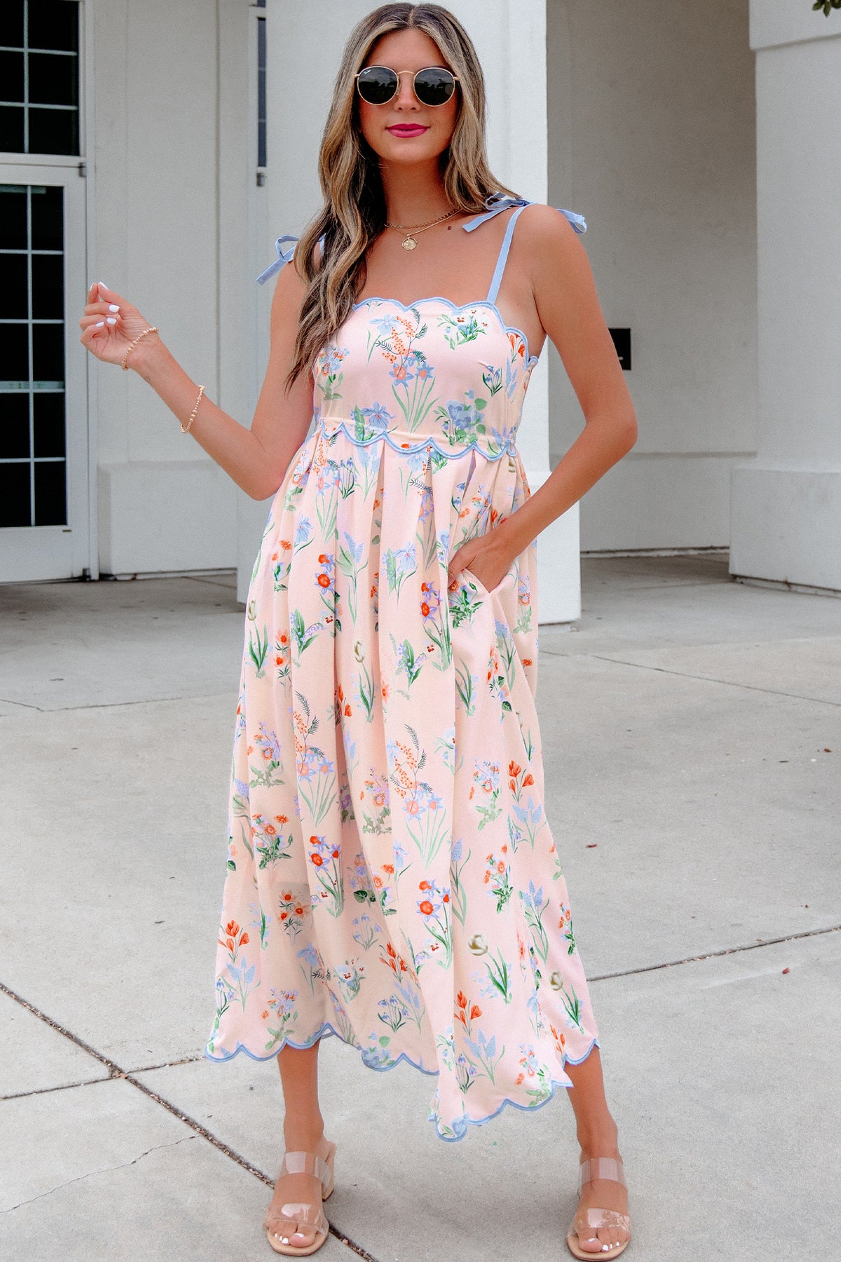KaleaBoutique Stylish Floral Print Contrast Trim Self-tie Straps High Waist Midi Dress - KaleaBoutique.com