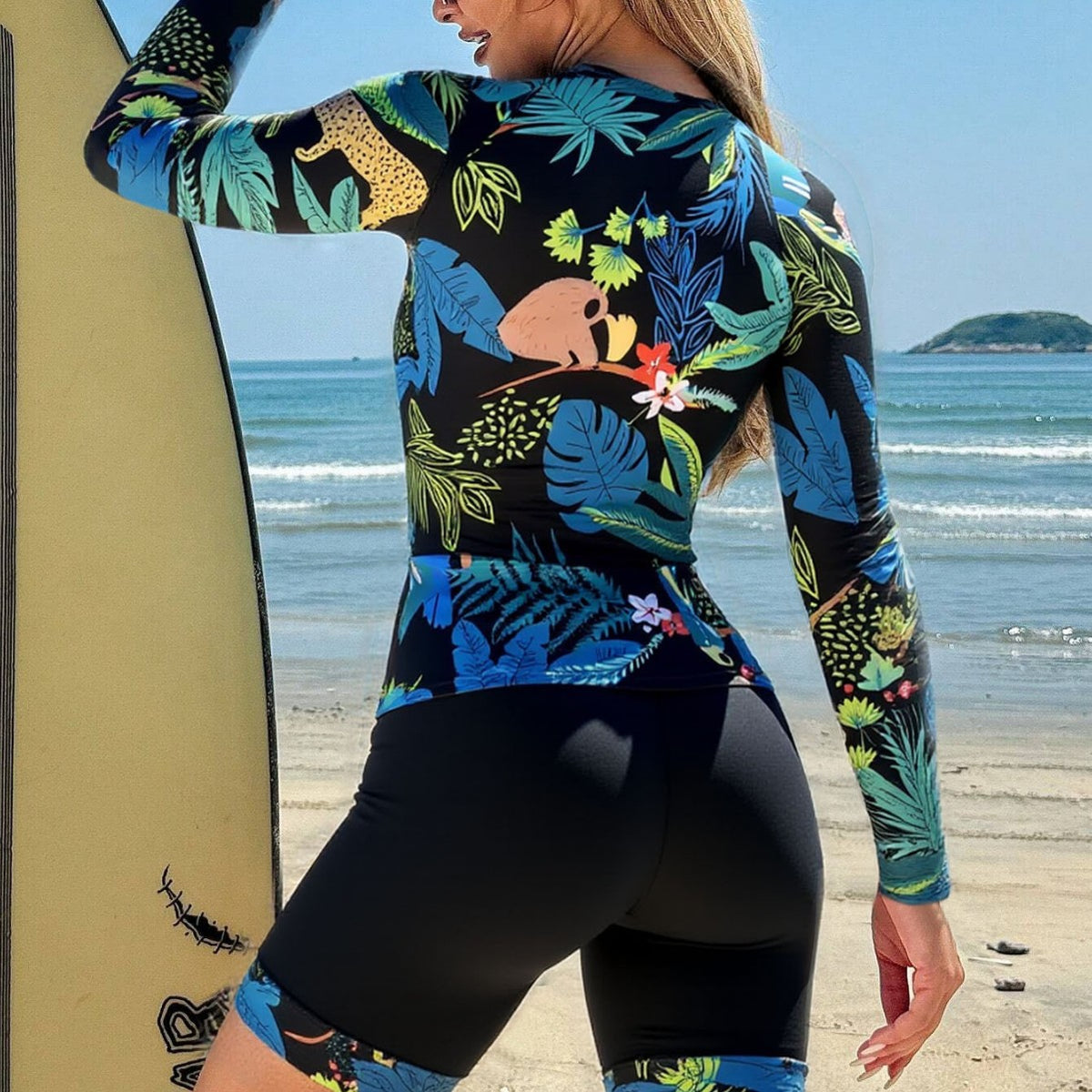 Women's Tropical Print Zip-Front Long-Sleeve Swim Top and Shorts 2 PC Set - KaleaBoutique.com
