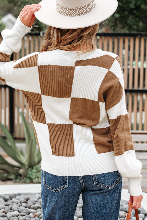 KaleaBoutique Stylish Checkered Pattern Ribbed Detail Button V Neck Sweater Cardigan - KaleaBoutique.com