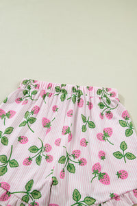 KaleaBoutique Stylish Striped Strawberry Print Lapel Shirt Drawstring Shorts 2pcs Pajama Set - KaleaBoutique.com