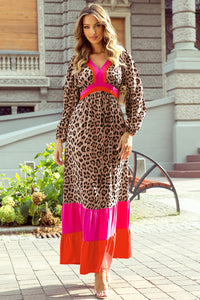 Leopard Color Block V Neck Loose Fit Maxi Dress - KaleaBoutique.com
