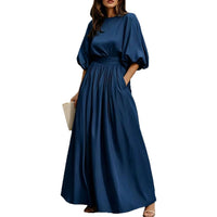 Women's Round-Neck Lantern-Sleeve Maxi Dress with Pockets - KaleaBoutique.com
