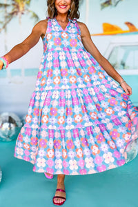 Floral Print Frilly Neck Sleeveless Tiered Maxi Dress - KaleaBoutique.com