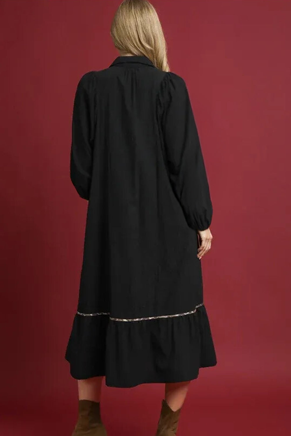 Collared V Neck Smocked Detail Contrast Leopard Trim Bracelet Sleeve Long Dress - KaleaBoutique.com