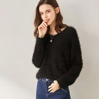 Women's Fuzzy V-Neck Long-Sleeve Pullover Sweater - KaleaBoutique.com