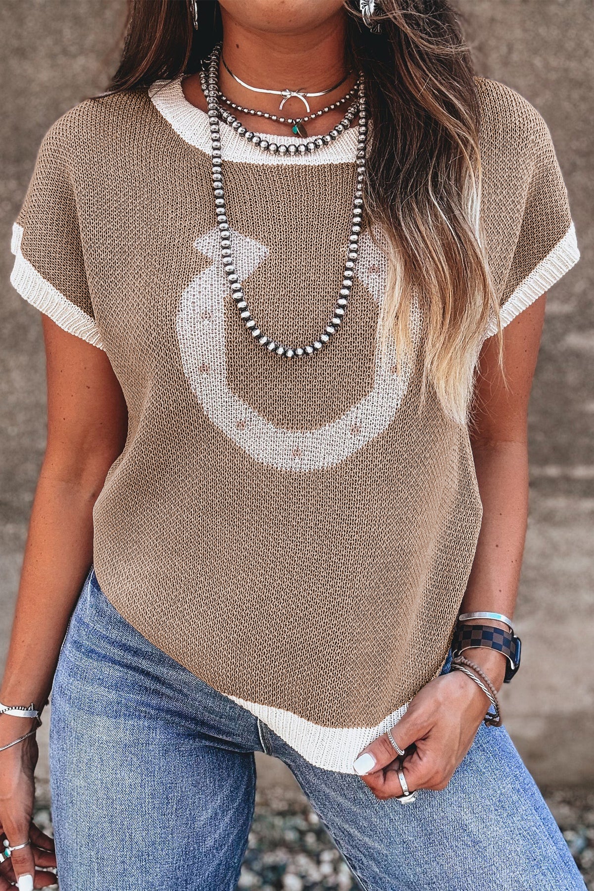 KaleaBoutique Comfortable Horse Shoe Pattern Contrast Trim Short Sleeve Sweater - KaleaBoutique.com