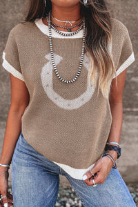 KaleaBoutique Comfortable Horse Shoe Pattern Contrast Trim Short Sleeve Sweater - KaleaBoutique.com