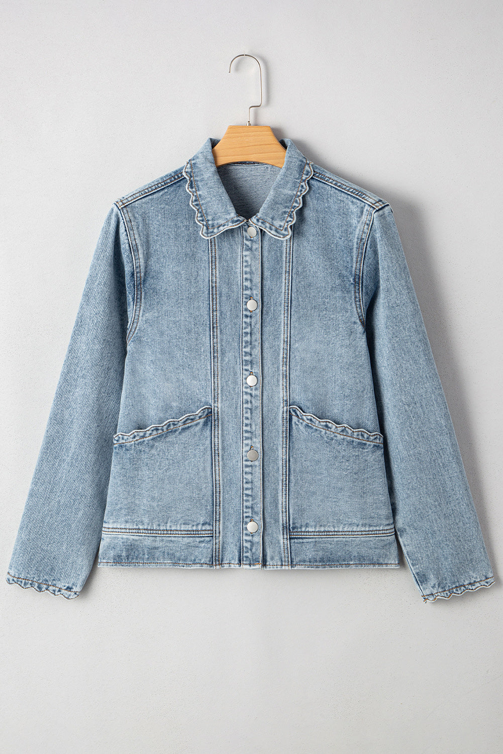 Scallop Trim Collar Patched Pocket Button Up Mineral Washed Denim Jacket - KaleaBoutique.com