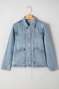 Scallop Trim Collar Patched Pocket Button Up Mineral Washed Denim Jacket - KaleaBoutique.com
