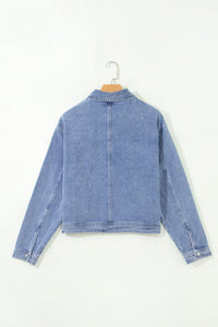 KaleaBoutique Stylish Studded Metal Zipper Rivet Pockets Long Sleeve Denim Jacket - KaleaBoutique.com