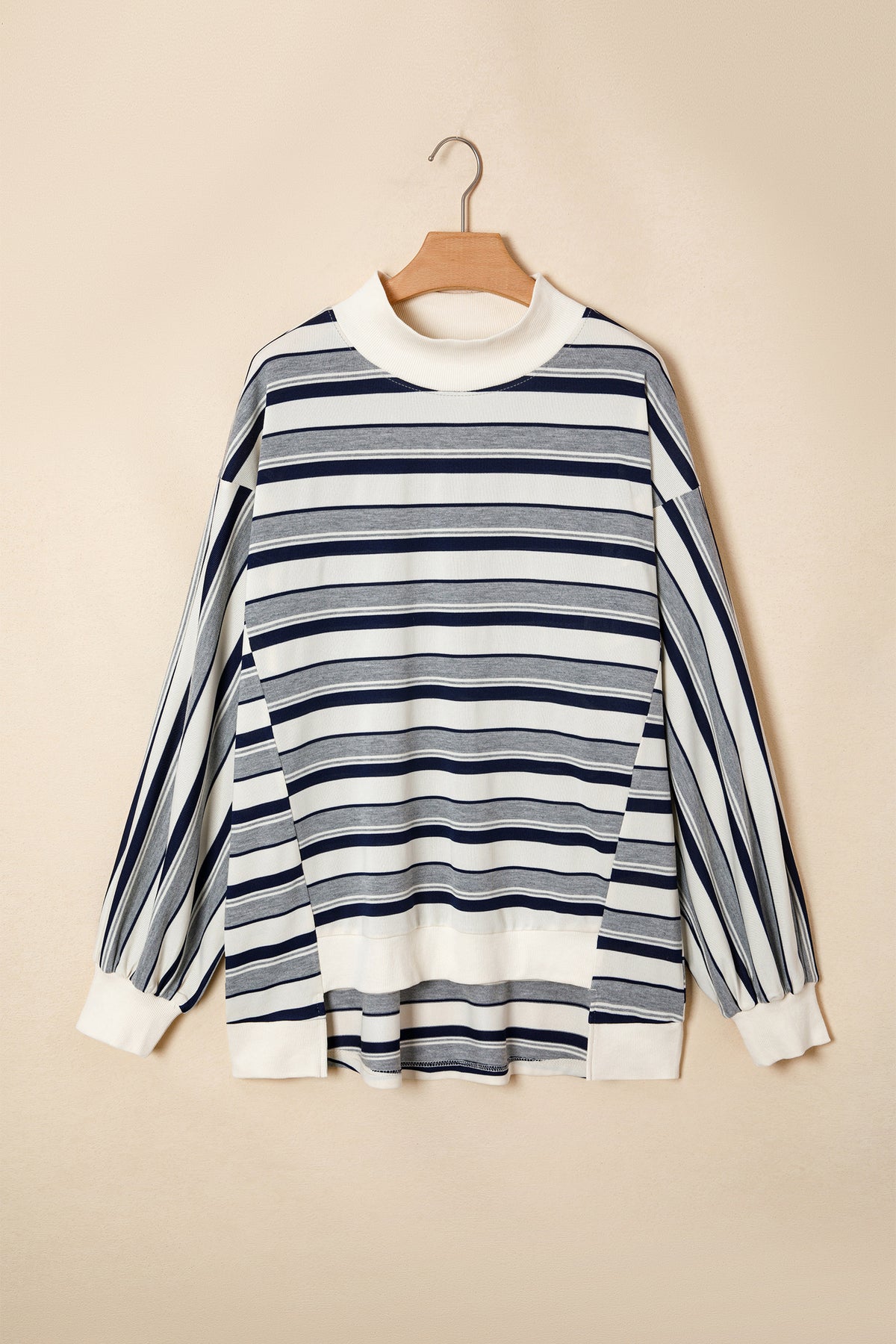 KaleaBoutique Stylish Striped Ribbed Stand Neck Long Sleeve Shift Silhouette Sweatshirt - KaleaBoutique.com