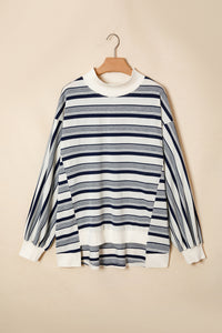KaleaBoutique Stylish Striped Ribbed Stand Neck Long Sleeve Shift Silhouette Sweatshirt - KaleaBoutique.com