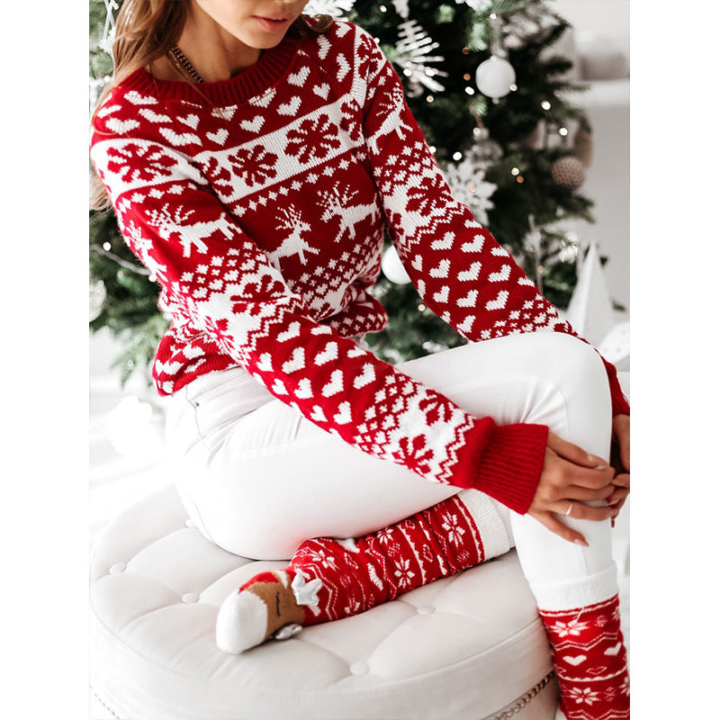 Women's Reindeer Snowflake and Heart Christmas Pullover Sweater - KaleaBoutique.com