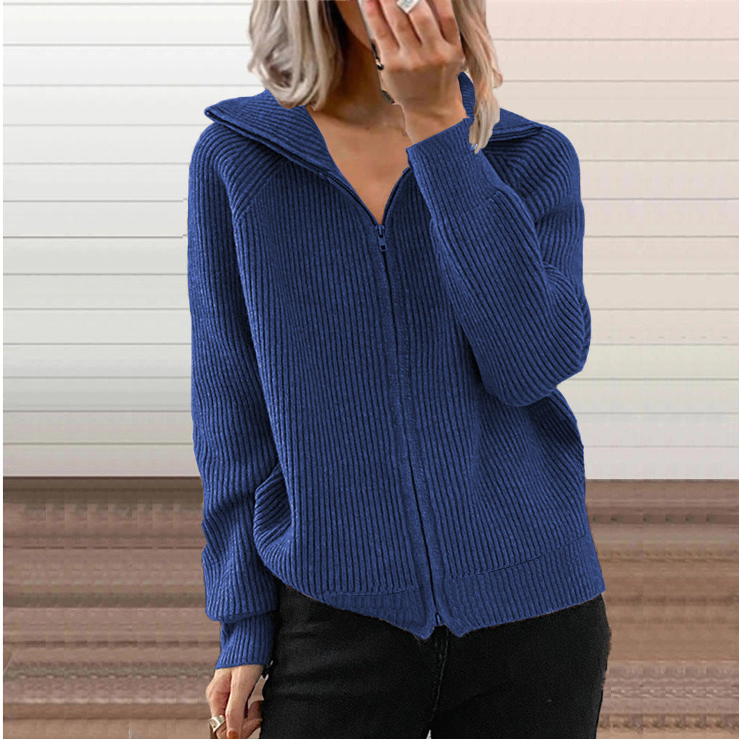 Women's Ribbed Full-Zip Collared Cardigan - KaleaBoutique.com