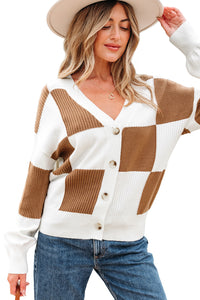 KaleaBoutique Stylish Checkered Pattern Ribbed Detail Button V Neck Sweater Cardigan - KaleaBoutique.com