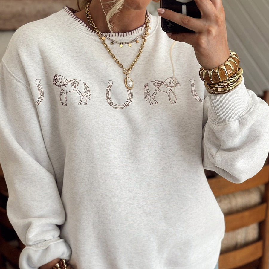 Women's Horse and Horseshoe Embroidered Crewneck Sweater - KaleaBoutique.com