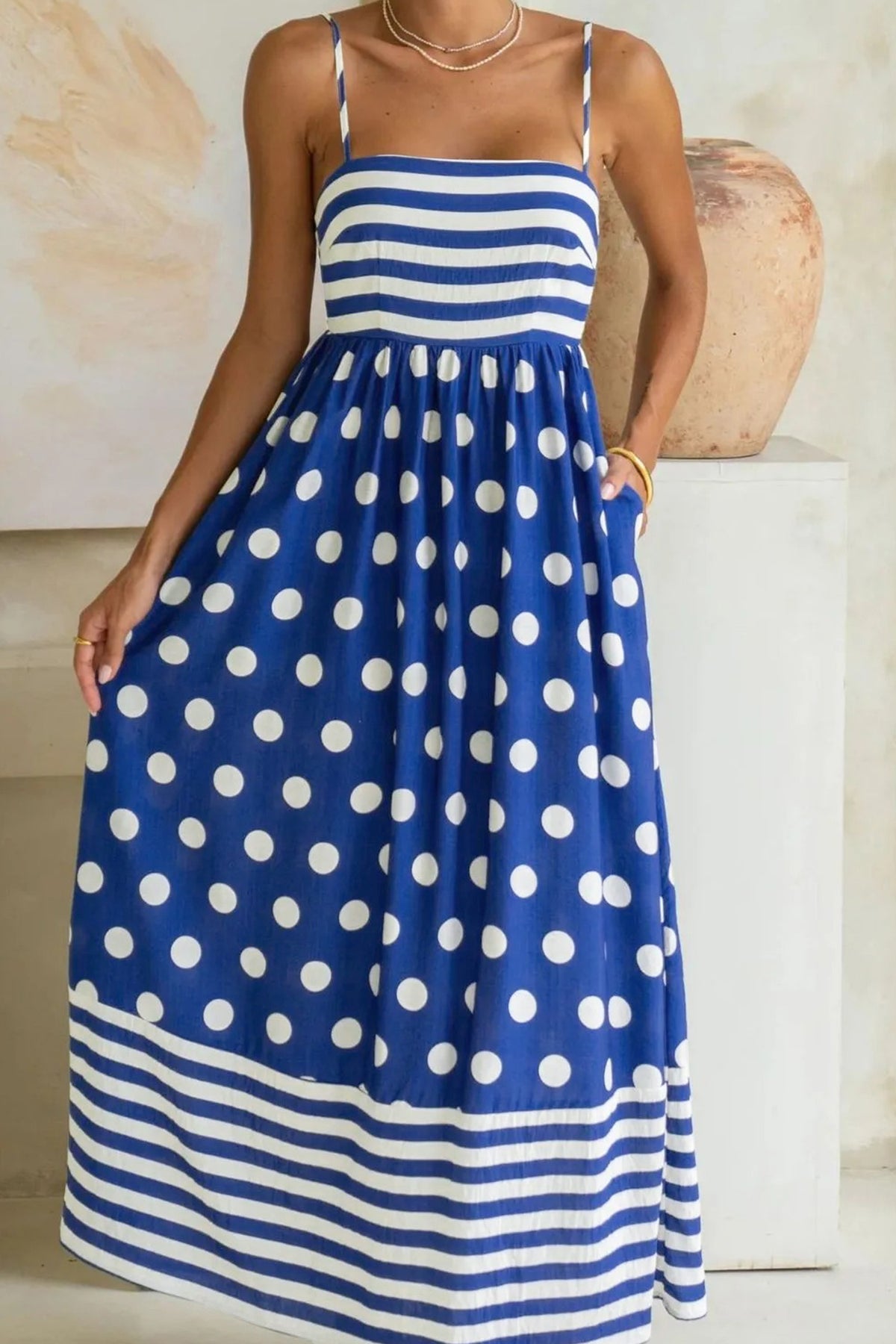 KaleaBoutique Stylish Striped Polka Dot Patchwork High Waist Spaghetti Straps Maxi Dress - KaleaBoutique.com