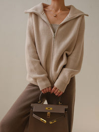 Women's Khaki Ribbed Zip-Front Collared Cardigan - KaleaBoutique.com