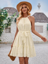 Women's Textured Halter-Neck Tie-Waist Ruffle-Hem Mini Dress - KaleaBoutique.com
