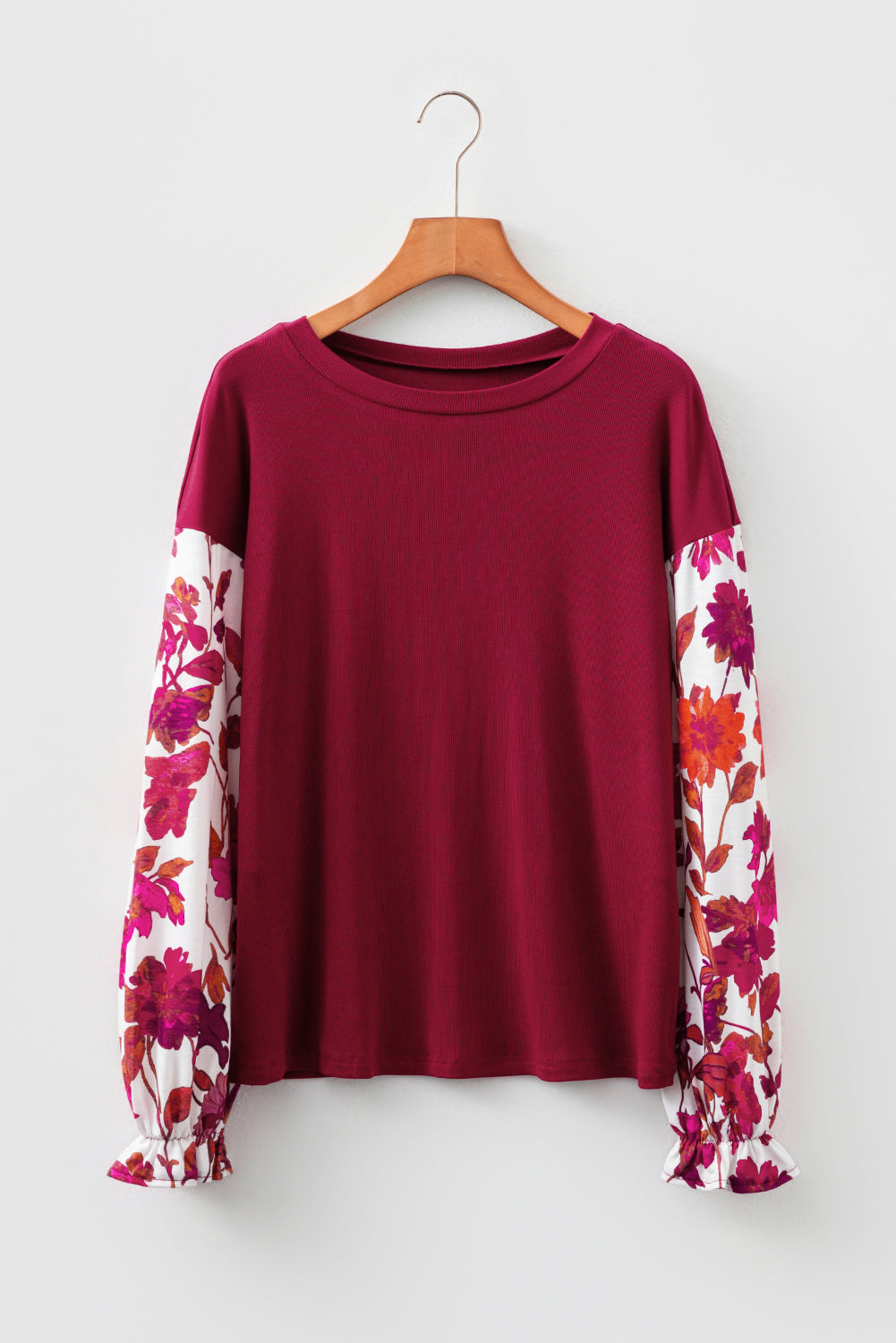 Contrast Floral Sleeve Solid Ribbed Body Patchwork Long Sleeve Top - KaleaBoutique.com