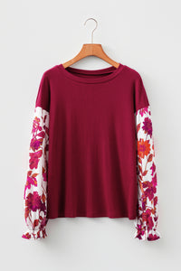 Contrast Floral Sleeve Solid Ribbed Body Patchwork Long Sleeve Top - KaleaBoutique.com