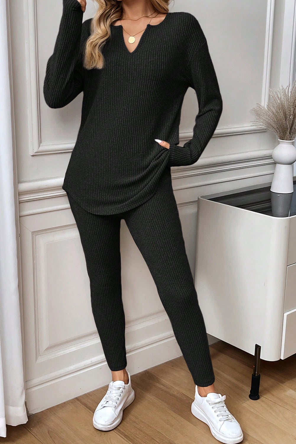 KaleaBoutique Comfortable Ribbed Notched Neck Knit Long Sleeve Leggings Two Pieces Lounge Set - KaleaBoutique.com