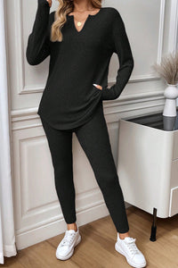 KaleaBoutique Comfortable Ribbed Notched Neck Knit Long Sleeve Leggings Two Pieces Lounge Set - KaleaBoutique.com