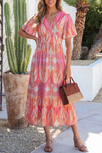 KaleaBoutique Comfortable Paisley Print V-Neck Short Sleeve Boho Maxi Dress with Ruffle Details - KaleaBoutique.com